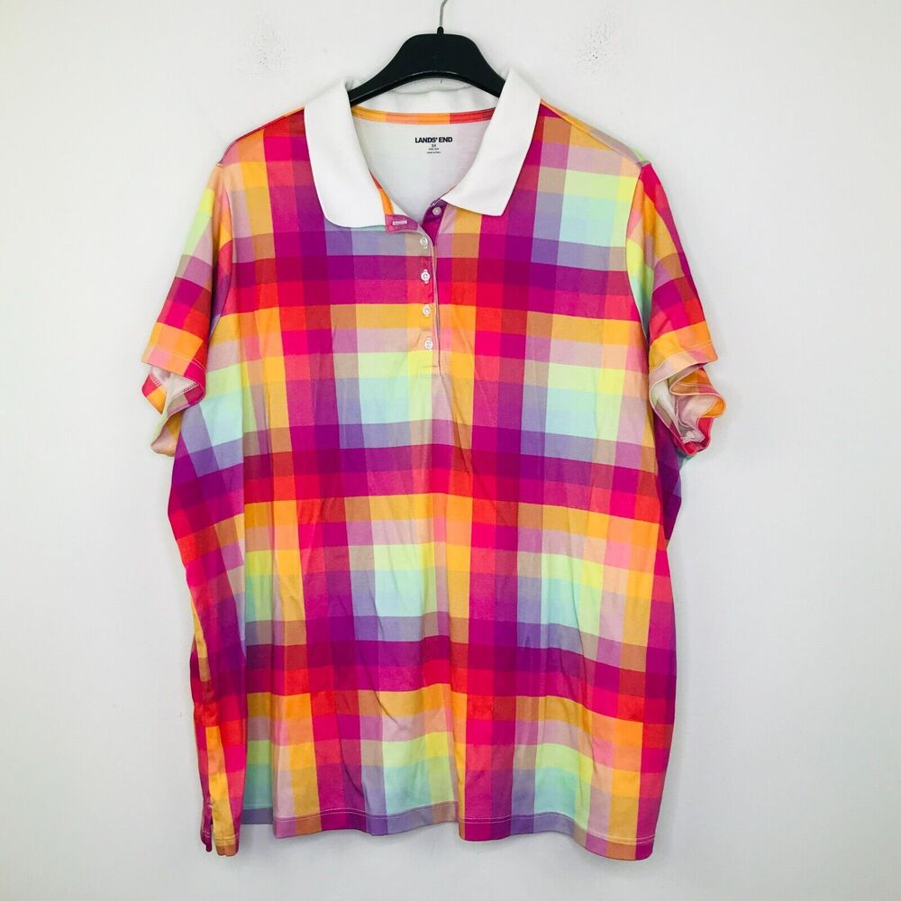 Lands End Women's 3X Polo Shirt Rainbow Plaid Short Sleeve Cotton Popover CM24